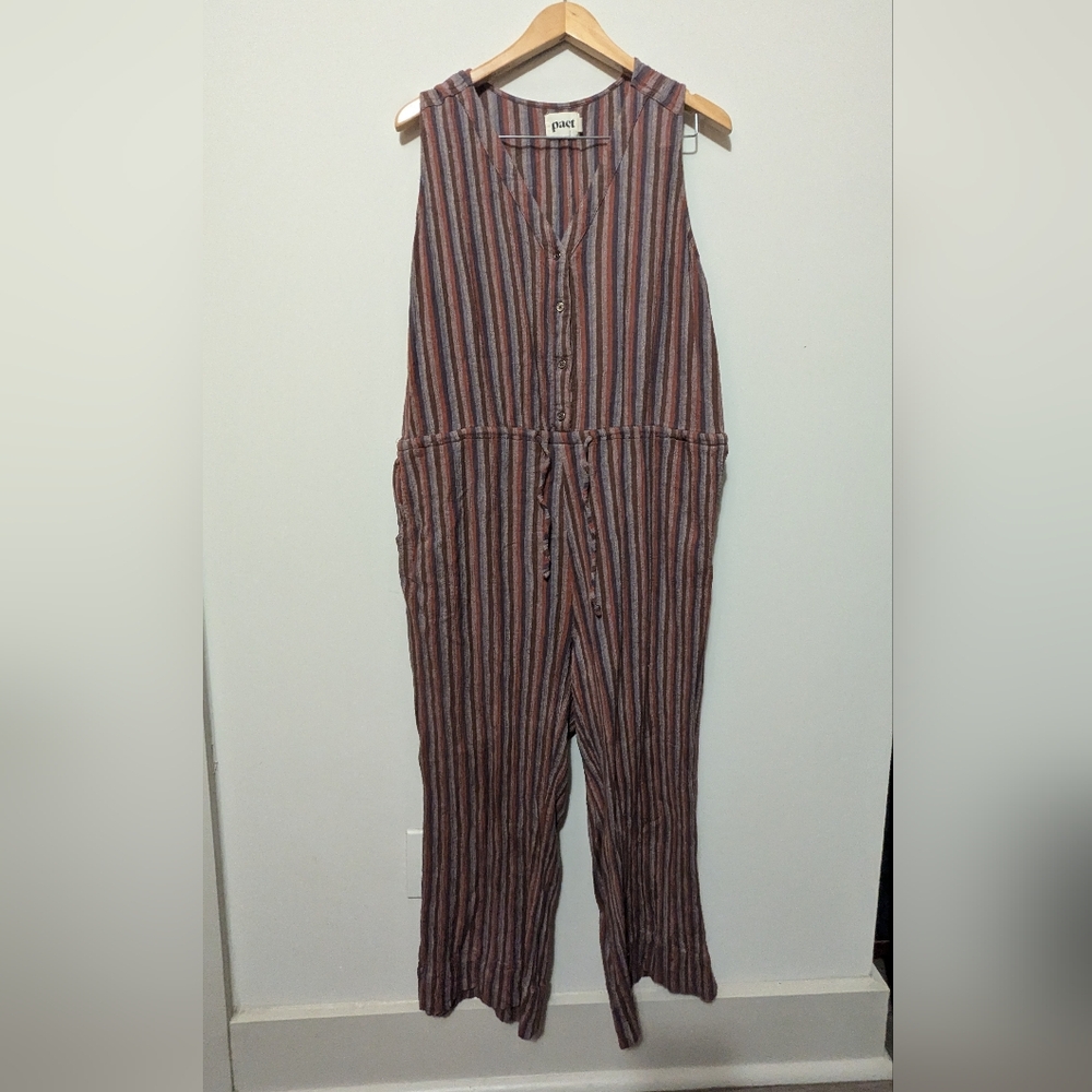 Pact Brown and Blue Striped Jumpsuit